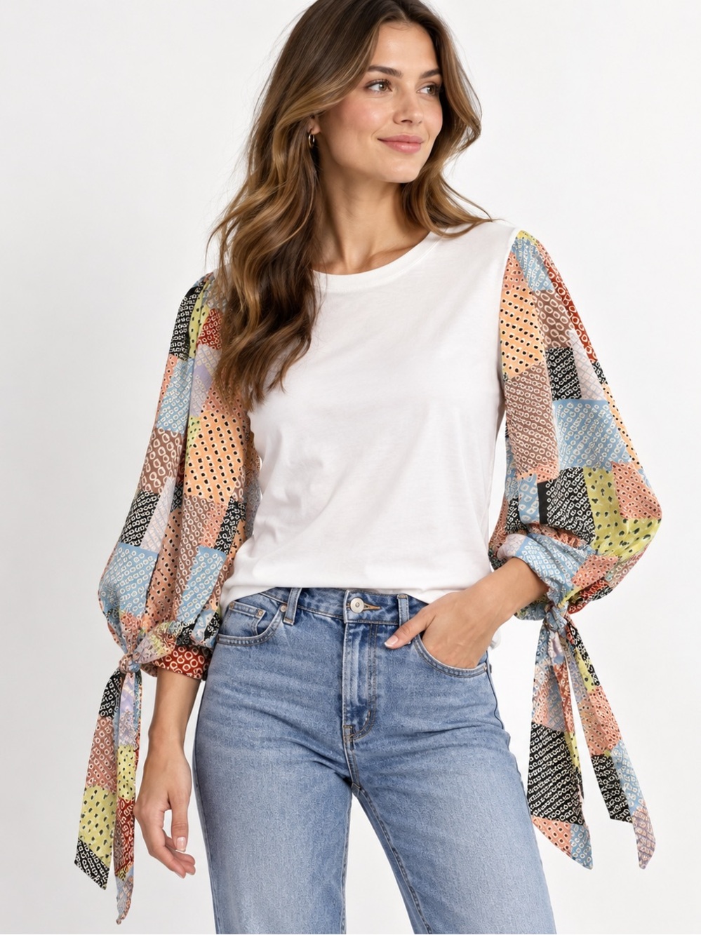 Cinq a Sept Carlie Top XS Patchwork Puff Tie Sleeve Boho Designer